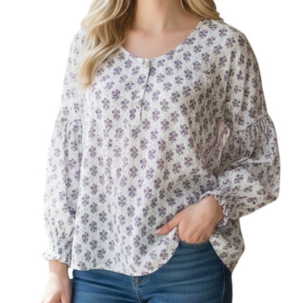 J. Jill Womens 2X White Purple Floral Cotton Henley Blouse High Low Hem Top Airy